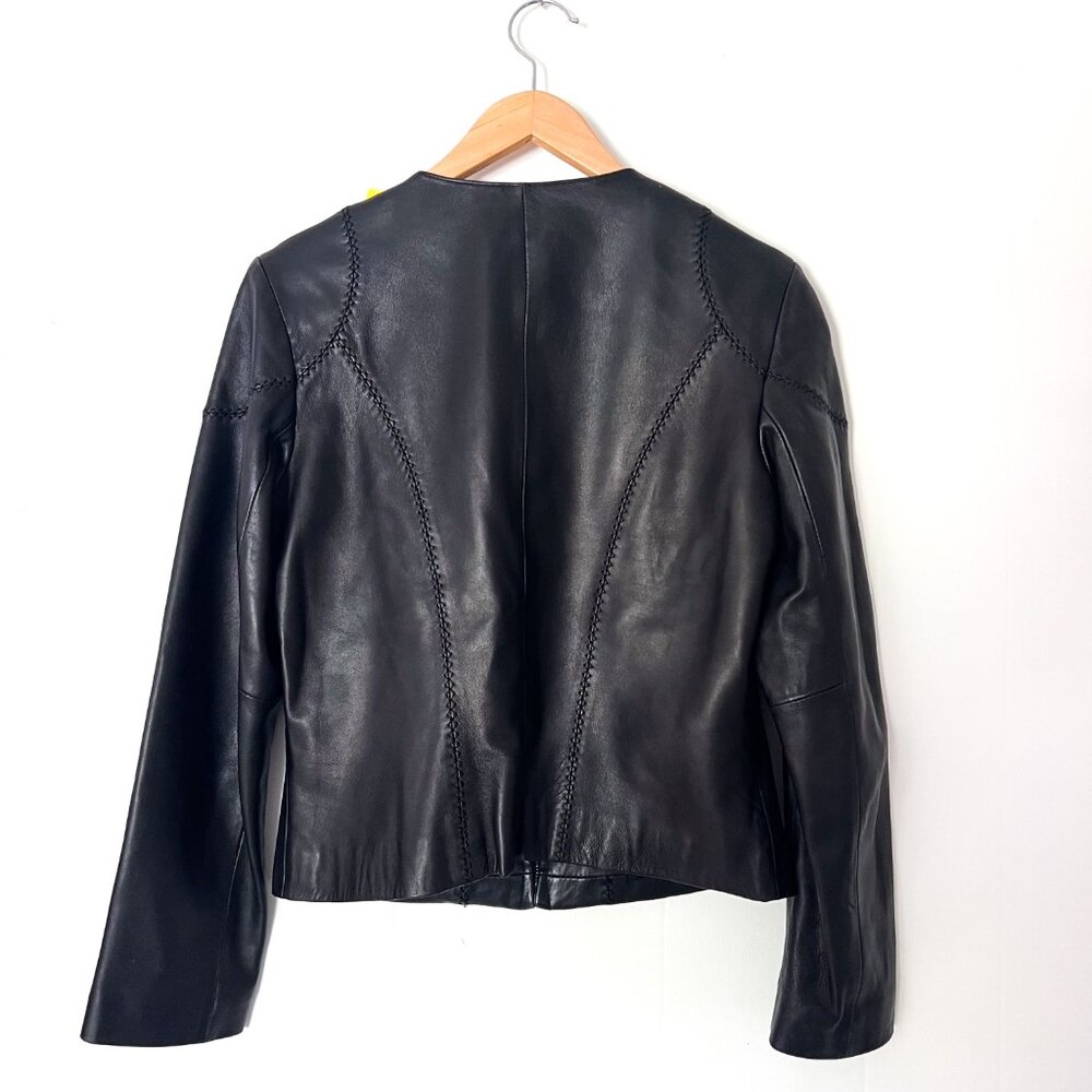 Siena Studio Black Leather Jacket Moto Biker Crop Collarless Seam Details SP - Picture 4 of 12